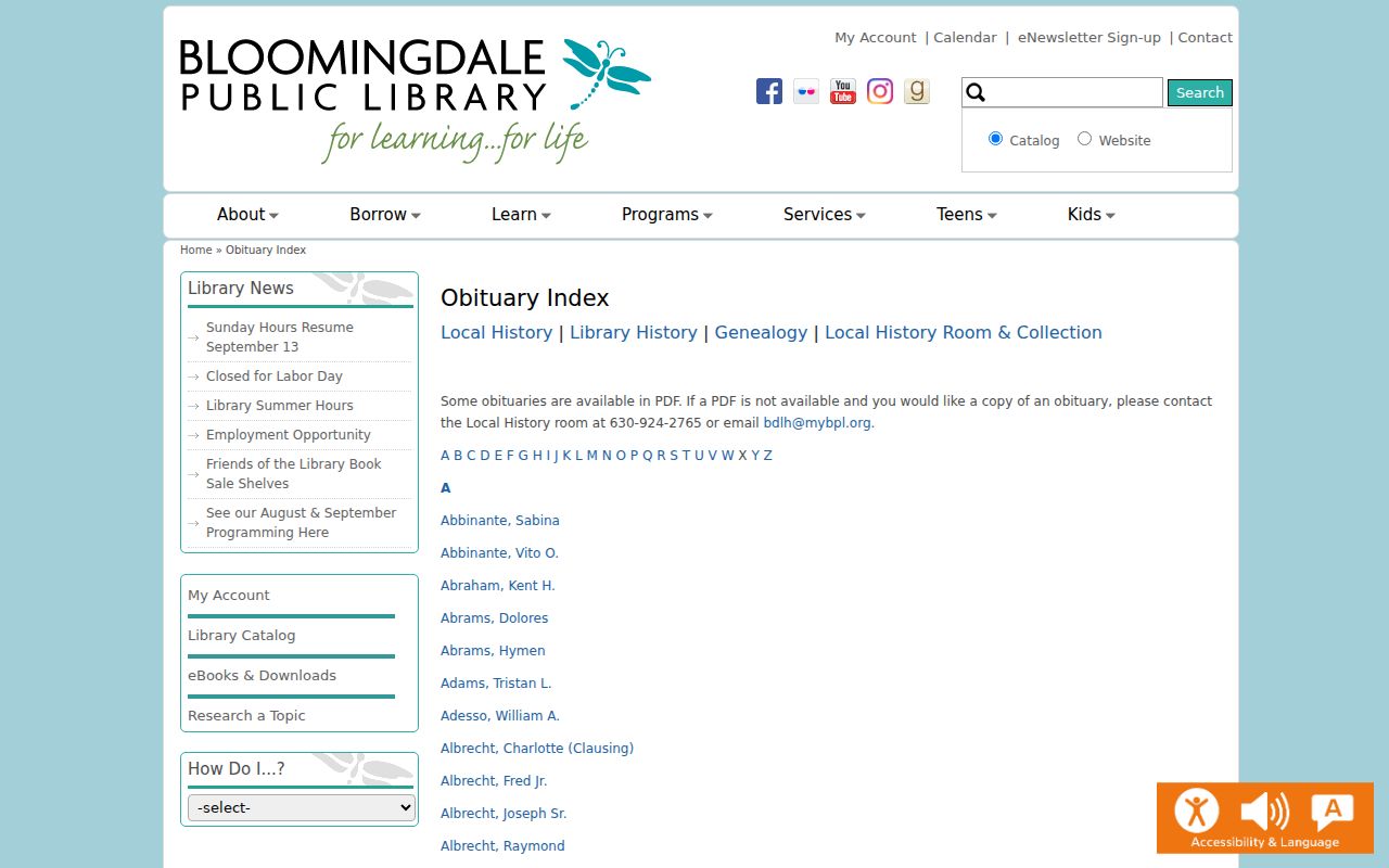 Bloomingdale previous residents obituary index
