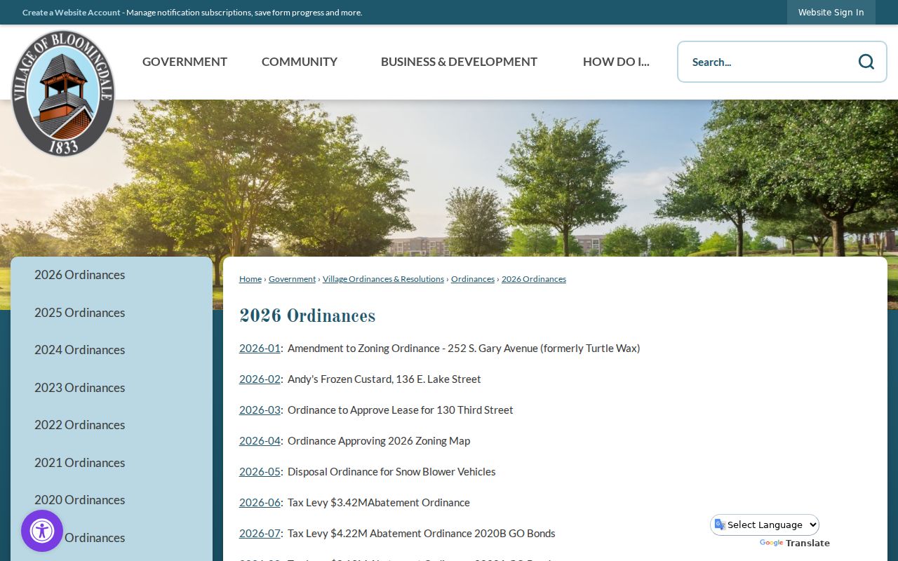 Bloomingdale ZIP code directory source in the 2026 ordinance archive